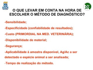 O QUE LEVAR EM CONTA NA HORA DE ESCOLHER O MÉTODO DE DIAGNÓSTICO? -Sensibilidade; Especificidade (confiabilidade de resultados); Custo (PRIMORDIAL NA MED. VETERINÁRIA); Disponibilidade de material; Segurança; Aplicabilidade à amostra disponível, Ag/Ac a ser detectado e espécie animal a ser analisada; Tempo de realização do método. 
