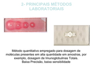 2- PRINCIPAIS MÉTODOS LABORATORIAIS Método quantitativo empregado para dosagem de moléculas presentes em alta quantidade em amostras, por exemplo, dosagem de Imunoglobulinas Totais. Baixa Precisão, baixa sensibilidade 