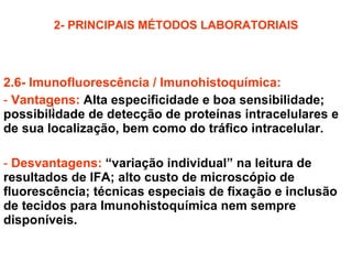 2- PRINCIPAIS MÉTODOS LABORATORIAIS 2.6- Imunofluorescência / Imunohistoquímica: Vantagens:   Alta especificidade e boa sensibilidade; possibilidade de detecção de proteínas intracelulares e de sua localização, bem como do tráfico intracelular. Desvantagens:   “variação individual” na leitura de resultados de IFA; alto custo de microscópio de fluorescência; técnicas especiais de fixação e inclusão de tecidos para Imunohistoquímica nem sempre disponíveis. 
