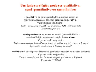Um teste sorológico pode ser qualitativo,  semi-quantitativo ou quantitativo: - qualitativo , se os seus resultados informam apenas se houve ou não reação / detecção ( positivo  ou  negativo ).  Veja um laudo imaginário:  Teste – detecção por ELISA de anticorpos IgM contra rubéola Resultado: positivo semi-quantitativo , se a amostra testada (soro) foi diluída – a maior diluição a apresentar reação é o seu  título. Veja um laudo imaginário: Teste – detecção por imunofluorescência de anticorpos IgG contra o T. cruzi Resultado: positivo até a diluição de 1:320 quantitativo,  se é capaz de informar a quantidade absoluta do material detectado. Veja um laudo imaginário: Teste – detecção por ELISA de anticorpos IgM contra o T. gondii Resultado: 63 UI/ml 