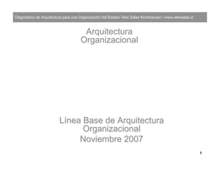 Diagnóstico de Arquitectura para una Organización del Estado/ Alex Salas Kirchhausen / www.alexsalas.cl



                                      Arquitectura
                                     Organizacional




                         Línea Base de Arquitectura
                               Organizacional
                              Noviembre 2007
                                                                                                          1
 