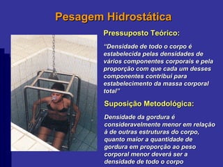 Pesagem Hidrostática Pressuposto Teórico: “ Densidade de todo o corpo é estabelecida pelas densidades de vários componentes corporais e pela proporção com que cada um desses componentes contribui para estabelecimento da massa corporal total” Suposição Metodológica: Densidade da gordura é consideravelmente menor em relação à de outras estruturas do corpo, quanto maior a quantidade de gordura em proporção ao peso corporal menor deverá ser a densidade de todo o corpo 