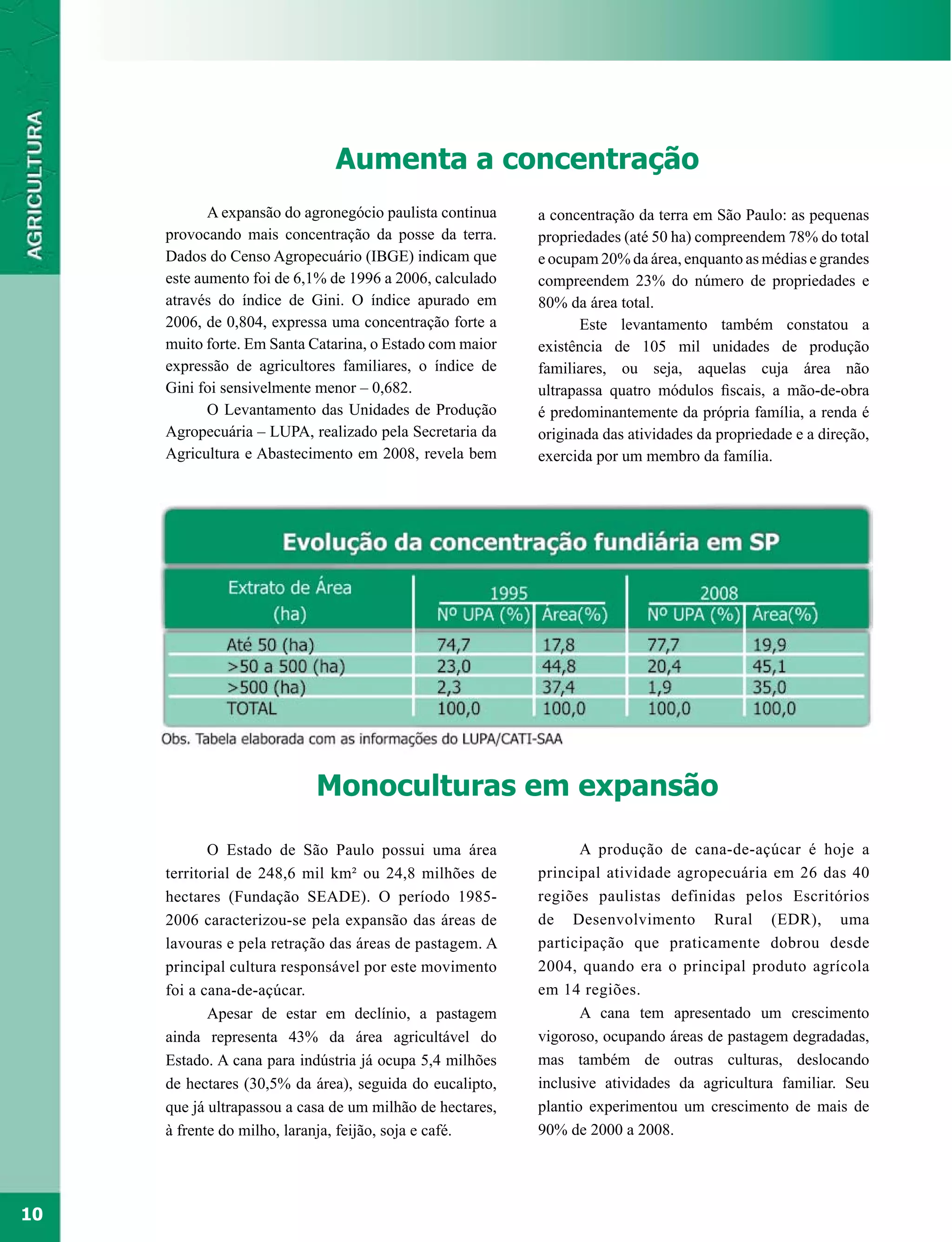 Aumenta a concentração
            A expansão do agronegócio paulista continua    a concentração da terra em São Paulo: as pequenas
     provocando mais concentração da posse da terra.       propriedades (até 50 ha) compreendem 78% do total
     Dados do Censo Agropecuário (IBGE) indicam que        e ocupam 20% da área, enquanto as médias e grandes
     este aumento foi de 6,1% de 1996 a 2006, calculado    compreendem 23% do número de propriedades e
     através do índice de Gini. O índice apurado em        80% da área total.
     2006, de 0,804, expressa uma concentração forte a            Este levantamento também constatou a
     muito forte. Em Santa Catarina, o Estado com maior    existência de 105 mil unidades de produção
     expressão de agricultores familiares, o índice de     familiares, ou seja, aquelas cuja área não
     Gini foi sensivelmente menor – 0,682.                 ultrapassa quatro módulos fiscais, a mão-de-obra
            O Levantamento das Unidades de Produção        é predominantemente da própria família, a renda é
     Agropecuária – LUPA, realizado pela Secretaria da     originada das atividades da propriedade e a direção,
     Agricultura e Abastecimento em 2008, revela bem       exercida por um membro da família.




                            Monoculturas em expansão

            O Estado de São Paulo possui uma área                 A produção de cana-de-açúcar é hoje a
     territorial de 248,6 mil km² ou 24,8 milhões de       principal atividade agropecuária em 26 das 40
     hectares (Fundação SEADE). O período 1985-            regiões paulistas definidas pelos Escritórios
     2006 caracterizou-se pela expansão das áreas de       de Desenvolvimento Rural (EDR), uma
     lavouras e pela retração das áreas de pastagem. A     participação que praticamente dobrou desde
     principal cultura responsável por este movimento      2004, quando era o principal produto agrícola
     foi a cana-de-açúcar.                                 em 14 regiões.
            Apesar de estar em declínio, a pastagem               A cana tem apresentado um crescimento
     ainda representa 43% da área agricultável do          vigoroso, ocupando áreas de pastagem degradadas,
     Estado. A cana para indústria já ocupa 5,4 milhões    mas também de outras culturas, deslocando
     de hectares (30,5% da área), seguida do eucalipto,    inclusive atividades da agricultura familiar. Seu
     que já ultrapassou a casa de um milhão de hectares,   plantio experimentou um crescimento de mais de
     à frente do milho, laranja, feijão, soja e café.      90% de 2000 a 2008.




10
 