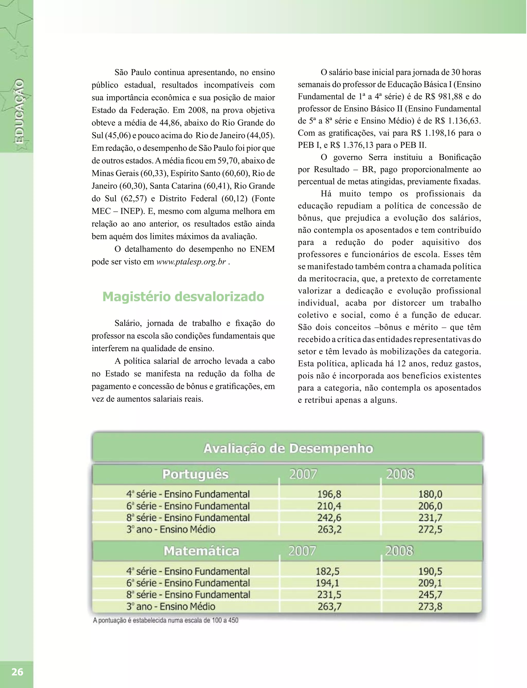 São Paulo continua apresentando, no ensino             O salário base inicial para jornada de 30 horas
     público estadual, resultados incompatíveis com         semanais do professor de Educação Básica I (Ensino
     sua importância econômica e sua posição de maior       Fundamental de 1ª a 4ª série) é de R$ 981,88 e do
     Estado da Federação. Em 2008, na prova objetiva        professor de Ensino Básico II (Ensino Fundamental
     obteve a média de 44,86, abaixo do Rio Grande do       de 5ª a 8ª série e Ensino Médio) é de R$ 1.136,63.
     Sul (45,06) e pouco acima do Rio de Janeiro (44,05).   Com as gratificações, vai para R$ 1.198,16 para o
     Em redação, o desempenho de São Paulo foi pior que     PEB I, e R$ 1.376,13 para o PEB II.
     de outros estados. A média ficou em 59,70, abaixo de          O governo Serra instituiu a Bonificação
     Minas Gerais (60,33), Espírito Santo (60,60), Rio de   por Resultado – BR, pago proporcionalmente ao
     Janeiro (60,30), Santa Catarina (60,41), Rio Grande    percentual de metas atingidas, previamente fixadas.
                                                                   Há muito tempo os profissionais da
     do Sul (62,57) e Distrito Federal (60,12) (Fonte
                                                            educação repudiam a política de concessão de
     MEC – INEP). E, mesmo com alguma melhora em
                                                            bônus, que prejudica a evolução dos salários,
     relação ao ano anterior, os resultados estão ainda
                                                            não contempla os aposentados e tem contribuído
     bem aquém dos limites máximos da avaliação.
                                                            para a redução do poder aquisitivo dos
            O detalhamento do desempenho no ENEM
                                                            professores e funcionários de escola. Esses têm
     pode ser visto em www.ptalesp.org.br .
                                                            se manifestado também contra a chamada política
                                                            da meritocracia, que, a pretexto de corretamente
                                                            valorizar a dedicação e evolução profissional
        Magistério desvalorizado                            individual, acaba por distorcer um trabalho
                                                            coletivo e social, como é a função de educar.
            Salário, jornada de trabalho e fixação do       São dois conceitos –bônus e mérito – que têm
     professor na escola são condições fundamentais que     recebido a crítica das entidades representativas do
     interferem na qualidade de ensino.                     setor e têm levado às mobilizações da categoria.
            A política salarial de arrocho levada a cabo    Esta política, aplicada há 12 anos, reduz gastos,
     no Estado se manifesta na redução da folha de          pois não é incorporada aos benefícios existentes
     pagamento e concessão de bônus e gratificações, em     para a categoria, não contempla os aposentados
     vez de aumentos salariais reais.                       e retribui apenas a alguns.




26
 