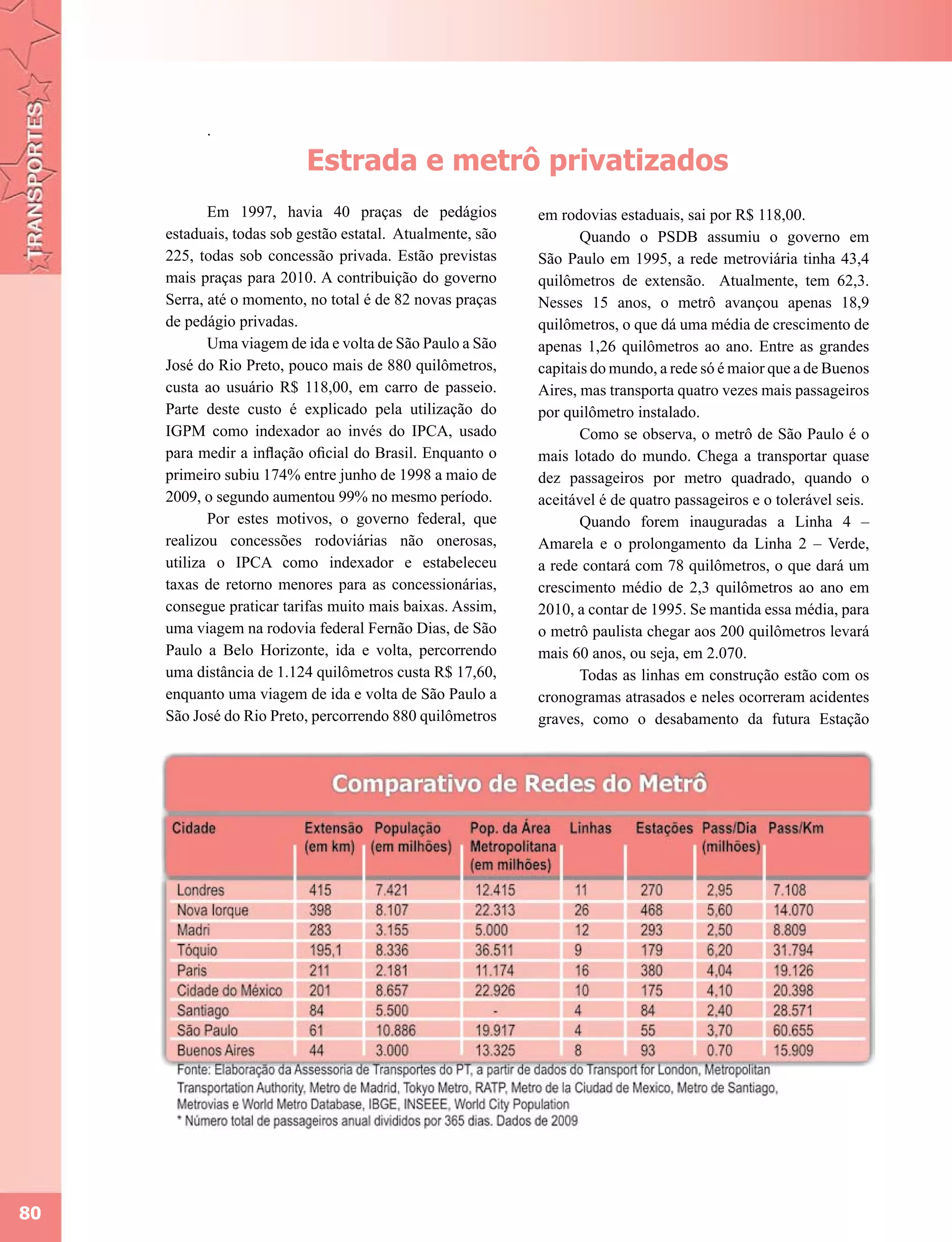 .

                           Estrada e metrô privatizados
            Em 1997, havia 40 praças de pedágios            em rodovias estaduais, sai por R$ 118,00.
     estaduais, todas sob gestão estatal. Atualmente, são          Quando o PSDB assumiu o governo em
     225, todas sob concessão privada. Estão previstas      São Paulo em 1995, a rede metroviária tinha 43,4
     mais praças para 2010. A contribuição do governo       quilômetros de extensão. Atualmente, tem 62,3.
     Serra, até o momento, no total é de 82 novas praças    Nesses 15 anos, o metrô avançou apenas 18,9
     de pedágio privadas.                                   quilômetros, o que dá uma média de crescimento de
            Uma viagem de ida e volta de São Paulo a São    apenas 1,26 quilômetros ao ano. Entre as grandes
     José do Rio Preto, pouco mais de 880 quilômetros,      capitais do mundo, a rede só é maior que a de Buenos
     custa ao usuário R$ 118,00, em carro de passeio.       Aires, mas transporta quatro vezes mais passageiros
     Parte deste custo é explicado pela utilização do       por quilômetro instalado.
     IGPM como indexador ao invés do IPCA, usado                   Como se observa, o metrô de São Paulo é o
     para medir a inflação oficial do Brasil. Enquanto o    mais lotado do mundo. Chega a transportar quase
     primeiro subiu 174% entre junho de 1998 a maio de      dez passageiros por metro quadrado, quando o
     2009, o segundo aumentou 99% no mesmo período.         aceitável é de quatro passageiros e o tolerável seis.
            Por estes motivos, o governo federal, que              Quando forem inauguradas a Linha 4 –
     realizou concessões rodoviárias não onerosas,          Amarela e o prolongamento da Linha 2 – Verde,
     utiliza o IPCA como indexador e estabeleceu            a rede contará com 78 quilômetros, o que dará um
     taxas de retorno menores para as concessionárias,      crescimento médio de 2,3 quilômetros ao ano em
     consegue praticar tarifas muito mais baixas. Assim,    2010, a contar de 1995. Se mantida essa média, para
     uma viagem na rodovia federal Fernão Dias, de São      o metrô paulista chegar aos 200 quilômetros levará
     Paulo a Belo Horizonte, ida e volta, percorrendo       mais 60 anos, ou seja, em 2.070.
     uma distância de 1.124 quilômetros custa R$ 17,60,            Todas as linhas em construção estão com os
     enquanto uma viagem de ida e volta de São Paulo a      cronogramas atrasados e neles ocorreram acidentes
     São José do Rio Preto, percorrendo 880 quilômetros     graves, como o desabamento da futura Estação




80
 