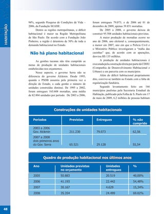 94%, segundo Pesquisa de Condições de Vida –        foram entregues 79.073; e de 2006 até 01 de
     2006, da Fundação SEADE.                            dezembro de 2009, apenas 39.851 moradias.
           Dentre as regiões metropolitanas, o déficit          De 2005 a 2008, o governo deixou de
     habitacional é maior na Região Metropolitana        construir 95.508 unidades habitacionais previstas.
     de São Paulo. De acordo com a Fundação João                A maior produção de moradias ocorre no
     Pinheiro, a região é detentora de 50% de toda a     ano de 2006, ano eleitoral e, consequentemente,
     demanda habitacional no Estado.                     a menor em 2007, ano em que a Polícia Civil e
                                                         o Ministério Público investigaram a “máfia das
      Não há plano habitacional                          casinhas” que, de acordo com as apurações,
                                                         desviou R$ 135 milhões.
           As gestões tucanas não têm cumprido as               A produção de unidades habitacionais é
     metas de produção de unidades habitacionais         executada pela construção direta por parte da CDHU
     estabelecidas nos orçamentos.                       (Companhia de Desenvolvimento Habitacional e
           Nesse aspecto, o governo Serra não se         Urbano) e em parceria com os municípios.
     diferencia do governo Alckmin. Desde 1995,                 Além do déficit habitacional propriamente
     quando o PSDB assumiu pela primeira vez a           dito, convive-se também no Estado com a falta de
     direção do Estado, a cada gestão o número de        regularização fundiária.
     unidades construídas diminui. De 1995 a 2002,              Segundo levantamento feito em 166
     foram entregues 165.608 moradias, uma média         municípios paulistas pela Secretaria Estadual da
     de 82.804 unidades por período. De 2003 a 2006,     Habitação, publicado pela Folha de S. Paulo em 17
                                                         de maio de 2009, 6,2 milhões de pessoas habitam




48
 
