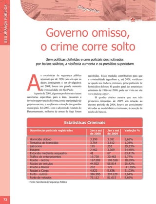 Governo omisso,
                  o crime corre solto
                    Sem políticas definidas e com policiais desmotivados
             por baixos salários, a violência aumenta e os presídios superlotam




     A
                   s estatísticas da segurança pública      recolhidas. Essas medidas contribuíram para que
                   apontam que de 1996 (ano em que os       a criminalidade regredisse e, até 2008, verificou-
                   dados começaram a ser divulgados),       se queda nos índices criminais, principalmente de
                   até 2001, houve um grande aumento        homicídios dolosos. O quadro geral das estatísticas
                   da criminalidade em São Paulo            criminais de 1996 até 2008, pode ser visto no site
            A partir de 2001, algumas prefeituras criaram   www.ptalesp.org.br .
     secretarias específicas para a área, passaram a              O quadro abaixo mostra que nos três
     investir na prevenção do crime, com a implantação de   primeiros trimestres de 2009, em relação ao
     projetos sociais, e ampliaram a atuação das guardas    mesmo período de 2008, houve um crescimento
     municipais. Em 2003, com o advento do Estatuto do      de todas as modalidades criminosas, à exceção de
     Desarmamento, milhares de armas de fogo foram          roubo de bancos.




       Fonte: Secretaria de Segurança Pública




72
 