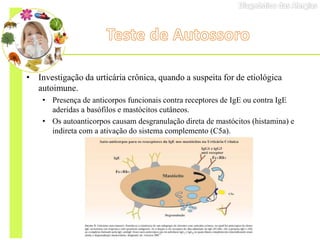 • Investigação da urticária crônica, quando a suspeita for de etiológica
autoimune.
• Presença de anticorpos funcionais contra receptores de IgE ou contra IgE
aderidas a basófilos e mastócitos cutâneos.
• Os autoanticorpos causam desgranulação direta de mastócitos (histamina) e
indireta com a ativação do sistema complemento (C5a).
 