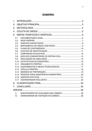 1



                                               SUMÁRIO

1. INTRODUÇÃO ................................................................................. 2
2. OBJETIVO PRINCIPAL .................................................................... 3
3. METODOLOGIA............................................................................... 4
4. COLETA DE DADOS ....................................................................... 5
5. MAPAS TEMÁTICOS E GRÁFICOS ................................................ 6
   5.1     DOCUMENTAÇÃO LEGAL ........................................................................... 6
   5.2     SEDE PRÓPRIA ........................................................................................... 7
   5.3     AGENTES CAPACITADOS .......................................................................... 8
   5.4     MAPEAMENTO DE ÁREAS COM RISCO .................................................... 9
   5.5     PLANO DE CONTINGÊNCIA ..................................................................... 10
   5.6     COLETES DE IDENTIFICAÇÃO ................................................................. 11
   5.7     CAMPANHAS EDUCATIVAS ..................................................................... 12
   5.8     NÚCLEOS COMUNITÁRIOS DE DEFESA CIVIL ....................................... 13
   5.9     REALIZAÇÃO DE SIMULADOS ................................................................. 14
   5.10    ESTATÍSTICAS DE DESASTRES .............................................................. 15
   5.11    ORÇAMENTO PRÓPRIO ........................................................................... 16
   5.12    EQUIPAMENTOS E MEIOS TECNOLÓGICOS ......................................... 17
   5.13    VEÍCULO PRÓPRIO ................................................................................... 18
   5.14    MEDIDAS DE PREPARAÇÃO .................................................................... 19
   5.15    RESERVA PARA ASSISTÊNCIA HUMANITÁRIA ...................................... 20
   5.16    AGENTES EFETIVOS ................................................................................ 21
   5.17    COORDENADOR EXCLUSIVO .................................................................. 22
6. CLASSIFICAÇÃO FINAL ................................................................ 23
7. CONCLUSÃO................................................................................. 25
ANEXOS .............................................................................................. 26
   I)      QUESTIONÁRIO DE AVALIAÇÃO DAS COMDEC .................................... 26
   II)     CRONOGRAMA DE VISITAÇÃO ÀS COMDEC ......................................... 28
 
