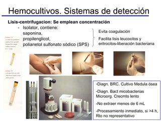 Lisis-centrifugacion: Se emplean concentración   Isolator, contiene: saponina,  propilenglicol,  polianetol sulfonato sódico (SPS) Hemocultivos. Sistemas de detección Evita coagulación Facilita lisis leucocitos y eritrocitos-liberación bacteriana Diagn. BRC. Cultivo Medula ósea Diagn. Bact micobacterias  Microorg. Crecmto lento -No extraer menos de 6 mL -Procesamiento inmediato, si >4 h, Rto no representativo 