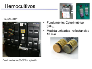 Fundamento: Colorimétrico (CO 2 ) Medida unidades  reflectancia /10 min Hemocultivos  Bact/ALERT ® Cond. incubación:35-37ºC + agitación 