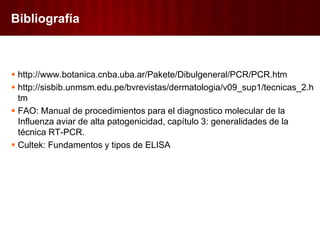 Bibliografía 
 http://www.botanica.cnba.uba.ar/Pakete/Dibulgeneral/PCR/PCR.htm 
 http://sisbib.unmsm.edu.pe/bvrevistas/dermatologia/v09_sup1/tecnicas_2.h 
tm 
 FAO: Manual de procedimientos para el diagnostico molecular de la 
Influenza aviar de alta patogenicidad, capítulo 3: generalidades de la 
técnica RT-PCR. 
 Cultek: Fundamentos y tipos de ELISA 
 