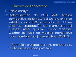 Radio ensayo: Determinación de hCG RRA: Acción competitiva de la hCG del suero u orina en estudio y una hCG marcada con I 125  en sitios de preparación de membrana del cuerpo lúteo q sirve como receptor. Conteo de tubo de muestra menor que tubo de referencia (+) Sensibilidad 200UI/L.  Reacción cruzada con LH, menopausia, insuficiencia ovárica primaria.  Carlos J Piqué Diagnóstico de embarazo 