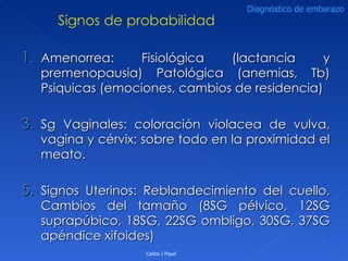 Amenorrea: Fisiológica (lactancia y premenopausia) Patológica (anemias, Tb) Psiquicas (emociones, cambios de residencia) Sg Vaginales: coloración violacea de vulva, vagina y cérvix; sobre todo en la proximidad el meato. Signos Uterinos: Reblandecimiento del cuello, Cambios del tamaño (8SG pélvico, 12SG suprapúbico, 18SG, 22SG ombligo, 30SG, 37SG apéndice xifoides)  Carlos J Piqué Diagnóstico de embarazo 