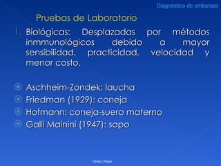 Biológicas: Desplazadas por métodos inmmunológicos debido a mayor sensibilidad, practicidad, velocidad y menor costo. Aschheim-Zondek: laucha Friedman (1929): coneja Hofmann: coneja-suero materno Galli Mainini (1947): sapo Carlos J Piqué Diagnóstico de embarazo 