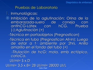 Inmunológicas: Inhibición de la aglutinación: Orina de la embarazada-suero de coneja con antihCG-Látex con hCG. Prueba (-):Aglutinación (+) -Técnica en portaobjetos (Pregnosticon) -Técnica en tubo (Pregnosticon All-In): Luego de estar a t· ambiente por 2hrs. Anillo amarillo en el fondo del tubo (+) -Titulación de hcG: mola, emb ectópico, corioCa. UI/ml= S x D UI/ml= 3.5 x 8= 28 UI/ml= 28000 UI/L  Carlos J Piqué Diagnóstico de embarazo 