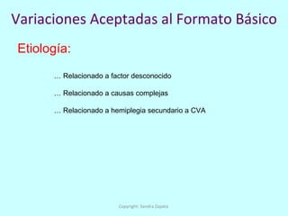 Variaciones Aceptadas al Formato Básico Etiología: …  Relacionado a factor desconocido …  Relacionado a causas complejas …  Relacionado a hemiplegia secundario a CVA Copyright: Sandra Zapata  