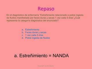 Repaso Copyright: Sandra Zapata  En el diagnóstico de enfermería “Estreñimiento relacionado a pobre ingesta de fluidos manifestado por feces duras y secas 1 vez cada 5 días”¿Cuál  representa la categoría diagnóstica del enunciado? Estreñimiento Feces duras y secas 1 vez cada 5 días Pobre ingesta de fluidos a. Estreñimiento = NANDA 