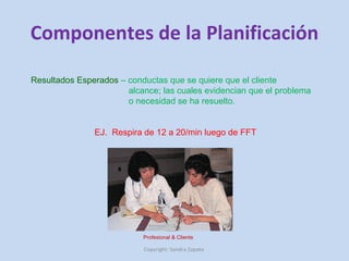 Componentes de la Planificación Copyright: Sandra Zapata  Resultados Esperados  – conductas que se quiere que el cliente alcance; las cuales evidencian que el problema o necesidad se ha resuelto. EJ.  Respira de 12 a 20/min luego de FFT Profesional & Cliente 