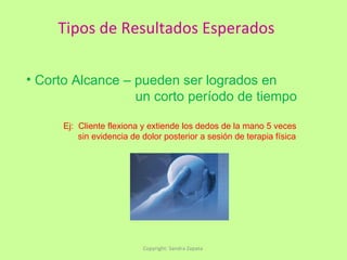 Tipos de Resultados Esperados Copyright: Sandra Zapata  Corto Alcance – pueden ser logrados en un corto período de tiempo  Ej:  Cliente flexiona y extiende los dedos de la mano 5 veces sin evidencia de dolor posterior a sesión de terapia física 