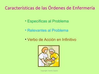 Características de las Órdenes de Enfermería Copyright: Sandra Zapata  Específicas al Problema Relevantes al Problema Verbo de Acción en Infinitivo 