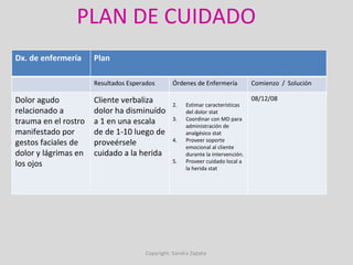 PLAN DE CUIDADO Copyright: Sandra Zapata  Dx. de enfermería Plan Resultados Esperados Órdenes de Enfermería Comienzo  /  Solución Dolor agudo relacionado a trauma en el rostro manifestado por gestos faciales de dolor y lágrimas en los ojos Cliente verbaliza dolor ha disminuído a 1 en una escala de de 1-10 luego de proveérsele cuidado a la herida Estimar características del dolor stat Coordinar con MD para administración de analgésico stat Proveer soporte emocional al cliente durante la intervención. Proveer cuidado local a la herida stat 08/12/08 