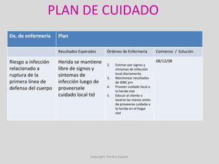 PLAN DE CUIDADO Copyright: Sandra Zapata  Dx. de enfermería Plan Resultados Esperados Órdenes de Enfermería Comienzo  /  Solución Riesgo a infección relacionado a ruptura de la primera línea de defensa del cuerpo Herida se mantiene libre de signos y síntomas de infección luego de proveersele cuidado local tid Estimar por signos y síntomas de infección local diariamente Monitorear resultados de WBC prn Proveer cuidado local a la herida stat Educar al cliente a lavarse las manos antes de proveerse cuidado a la herida en el hogar stat 08/12/08 