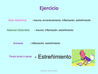 Ejercicio Dolor Abdominal Anorexia Abdomen Distendido Feces duras y secas - trauma, envenenamiento, inflamación, estreñimiento  - trauma, inflamación, estreñimiento  - inflamación, estreñimiento  - Estreñimiento Copyright: Sandra Zapata  