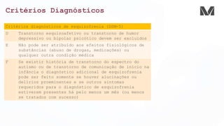 Critérios Diagnósticos
Critérios diagnósticos de esquizofrenia (DSM-5)
D Transtorno esquizoafetivo ou transtorno de humor
depressivo ou bipolar psicótico devem ser excluídos
E Não pode ser atribuído aos efeitos fisiológicos de
substâncias (abuso de drogas, medicações) ou
qualquer outra condição médica
F Se existir história de transtorno do espectro do
autismo ou de transtorno de comunicação de início na
infância o diagnóstico adicional de esquizofrenia
pode ser feito somente se houver alucinações ou
delírios proeminentes e se outros sintomas
requeridos para o diagnóstico de esquizofrenia
estiverem presentes há pelo menos um mês (ou menos
se tratados com sucesso)
 