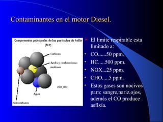 Contaminantes en el motor Diesel.Contaminantes en el motor Diesel.
 El limite respirable esta
limitado a:
• CO......50 ppm.
• HC.....500 ppm.
• NOX...25 ppm.
• CHO.....5 ppm.
• Estos gases son nocivos
para: sangre,nariz,ojos,
además el CO produce
asfixia.
 