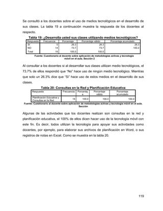 119
Se consultó a los docentes sobre el uso de medios tecnológicos en el desarrollo de
sus clases. La tabla 19 a continuación muestra la respuesta de los docentes al
respecto.
Tabla 19: ¿Desarrolla usted sus clases utilizando medios tecnológicos?
Respuesta Frecuencia Porcentaje Porcentaje válido Porcentaje acumulado
SI 5 26.3 26.3 26.3
NO 14 73.7 73.7 100.0
Total 19 100.0 100.0
Fuente: Cuestionario al docente sobre aplicación de metodologías activas y tecnología
móvil en el aula. Sección 2
Al consultar a los docentes si al desarrollar sus clases utilizan medio tecnológicos, el
73.7% de ellos respondió que “No” hace uso de ningún medio tecnológico. Mientras
que solo un 26.3% dice que “Si” hace uso de estos medios en el desarrollo de sus
clases.
Tabla 20: Consultas en la Red y Planificación Educativa
Respuesta Frecuencia Porcentaj
e
Porcentaje
válido
Porcentaje
acumulado
Planificación Educativa y
Consultas en la Red
19 100.0 100.0 100.0
Fuente: Cuestionario al docente sobre aplicación de metodologías activas y tecnología móvil en el aula.
Sección
Algunas de las actividades que los docentes realizan son consultas en la red y
planificación educativa, el 100% de ellos dicen hacer uso de la tecnología móvil con
este fin. Es decir, todos utilizan la tecnología para apoyar sus actividades como
docentes, por ejemplo, para elaborar sus archivos de planificación en Word, o sus
registros de notas en Excel. Como se muestra en la tabla 20.
 