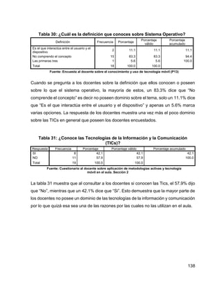 138
Tabla 30: ¿Cuál es la definición que conoces sobre Sistema Operativo?
Definición Frecuencia Porcentaje
Porcentaje
válido
Porcentaje
acumulado
Es el que interactúa entre el usuario y el
dispositivo
2 11.1 11.1 11.1
No comprendo el concepto 15 83.3 83.3 94.4
Las primeras tres 1 5.6 5.6 100.0
Total 18 100.0 100.0
Fuente: Encuesta al docente sobre el conocimiento y uso de tecnología móvil (P13)
Cuando se pregunta a los docentes sobre la definición que ellos conocen o poseen
sobre lo que el sistema operativo, la mayoría de estos, un 83.3% dice que “No
comprende el concepto” es decir no poseen dominio sobre el tema, solo un 11.1% dice
que “Es el que interactúa entre el usuario y el dispositivo” y apenas un 5.6% marca
varias opciones. La respuesta de los docentes muestra una vez más el poco dominio
sobre las TICs en general que poseen los docentes encuestados.
Tabla 31: ¿Conoce las Tecnologías de la Información y la Comunicación
(TICs)?
Respuesta Frecuencia Porcentaje Porcentaje válido Porcentaje acumulado
SI 8 42.1 42.1 42.1
NO 11 57.9 57.9 100.0
Total 19 100.0 100.0
Fuente: Cuestionario al docente sobre aplicación de metodologías activas y tecnología
móvil en el aula. Sección 2
La tabla 31 muestra que al consultar a los docentes si conocen las Tics, el 57.9% dijo
que “No”, mientras que un 42.1% dice que “Si”. Esto demuestra que la mayor parte de
los docentes no posee un dominio de las tecnologías de la información y comunicación
por lo que quizá esa sea una de las razones por las cuales no las utilizan en el aula.
 