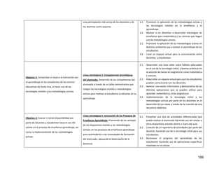 166
una participación más activa de los docentes y de
los alumnos como usuarios
1.3. Promover la aplicación de las metodologías activas y
las tecnologías móviles en la enseñanza y el
aprendizaje.
1.4. Motivar a los docentes a desarrollar estrategias de
enseñanza para matemática y las ciencias que hagan
uso de metodologías activas.
1.5. Promover la aplicación de las metodologías activas en
distintos ambientes para motivar el aprendizaje de los
estudiantes.
1.6. Crear un espacio virtual para la comunicación entre
docentes, y estudiantes.
Objetivo 3: Comprobar si mejora la motivación por
el aprendizaje en los estudiantes de los centros
educativos de Santa Ana, al hacer uso de las
tecnologías móviles y las metodologías activas.
Línea estratégica 3: Competencias tecnológicas
del alumnado. Desarrollo de las competencias del
alumnado a través de un taller demostrativo que
integre las tecnologías móviles y metodologías
activas para motivar al estudiante a utilizarlas en su
aprendizaje.
2.1. Desarrollar una clase taller sobre hábitos adecuados
en el uso de la tecnología móvil, y buenas prácticas en
la solución de tareas en asignaturas como matemática
y ciencias.
2.2. Desarrollar un espacio virtual para que los estudiantes
puedan comunicarse con los docentes.
2.3. Generar una sesión informativa y demostrativa de las
distintas aplicaciones que se pueden utilizar para
aprender matemática y otras asignaturas.
2.4. Implementación de la tecnología móvil y las
metodologías activas por parte de los docentes en el
desarrollo de sus clases a través de la creación de una
secuencia didáctica.
Objetivo 4: Evaluar si existe disponibilidad por
parte de docentes y estudiantes hacia el uso del
celular en el proceso de enseñanza aprendizaje, así
como la implementación de las metodologías
activas.
Línea estratégica 4: Innovación de los Procesos de
Enseñanza Aprendizaje: Promoción de las ventajas
de los dispositivos móviles y las metodologías
activas, en los procesos de enseñanza aprendizaje
para acomodarlos a las necesidades de formación
del alumnado, apoyando el desempeño de la
docencia.
3.1. Presentar una lista de actividades diferenciadas que
puede realizar el alumnado haciendo uso del celular u
otros dispositivos móviles dentro o fuera del aula.
3.2. Creación de un repertorio de actividades por parte del
docente, haciendo uso de la tecnología móvil para sus
estudiantes.
3.3. Reconocer el progreso del aprendizaje de los
estudiantes haciendo uso de aplicaciones específicas
instaladas en el celular.
 