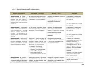 169
4.2.2 Operativización de la intervención.
Objetivo de la estrategia Indicador de la estrategia Acciones a seguir Verificables
Objetivo/estrategia 1: Proveer al
docente conocimientos básicos de
tecnología móvil para mejorar el
proceso de enseñanza aprendizaje de
los estudiantes en los centros escolares
de Santa Ana.
Que los docentes involucrados cumplan
en la asistencia a los talleres y apliquen
lo aprendido en su práctica pedagógica.
Realizar un taller de Mobile Learning con
los docentes.
Crear un espacio virtual para la
comunicación entre docentes, y
estudiantes.
La participación de los docentes de
los centros escolares de Santa Ana.
(Ver anexo 14)
Aula Virtual diseñada por el docente
(Ver anexo 15)
Objetivo/estrategia 2: Capacitar a los
docentes en el uso de las Metodologías
Activas integradas con la tecnología
móvil para la mejora del proceso de
enseñanza y el aprendizaje de los
estudiantes en los centros escolares de
Santa Ana.
Que los docentes involucrados cumplan
en la asistencia a los talleres y apliquen lo
aprendido en su práctica pedagógica.
Realizar un taller de Metodologías
Activas para que los docentes las
apliquen en el desarrollo de sus clases.
Crear un espacio virtual para la
comunicación entre docentes, y
estudiantes.
La participación de los docentes de
los centros escolares de Santa Ana.
(Ver anexo 14)
Aula Virtual diseñada por el docente
(Ver anexo 15)
Objetivo/estrategia 3: Desarrollar un
taller haciendo uso de tecnologías
móviles y metodologías activas para
motivar a los estudiantes al uso de
medios innovadores para aprender.
Observación a corto y largo plazo del
cambio en las actitudes y aptitudes del
alumnado en relación al uso del móvil
para generar aprendizaje. Se verificará
aplicación de Test sobre motivación.
● Cambios de actitud hacia la
asignatura y hacia el estudio.
● Cambios de actitud hacia el uso del
celular con fines educativos.
● Mejora de las aptitudes del
alumnado es su quehacer educativo.
Realizar distintas actividades de
aprendizaje motivando el uso del móvil y
la aplicación de metodologías activas
para generar aprendizajes.
A través del test de motivación.
Mejora de la percepción en un 60%
hacia el uso del celular en el
aprendizaje, lograr un 50% como
mínimo de seguridad que ellos son
capaces de lograr sus propósitos si se
esfuerzan y utilizan correctamente
los recursos que poseen a su
disposición.
Percepción de un 70% de una mejor
actitud hacia su actividad con el
celular como estudiantes.
Objetivo/estrategia 4: Estimular la
disponibilidad por parte de los docentes
y estudiantes hacia el uso del celular en
el proceso de enseñanza aprendizaje,
Observación del cambio en las prácticas
de estudio del alumnado. Observar la
aceptación del uso del celular en clases
por parte del docente.
Realizar taller de métodos y técnicas de
aprendizaje, específicamente sobre
metodologías activas integradas con las
tecnologías móviles.
Mejora del 60% de las prácticas en el
abordaje y solución de los
problemas.
 