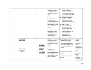 23
Cuestionario al docente
sobre aplicación de
metodologías activas y
tecnología móvil en el
aula.
Anexo 4
Cuestionario al
alumnado sobre
metodologías aplicadas
por el docente y el uso
de tecnologías móviles
por el estudiante.
Anexo 3
Guía de observación
participante sobre la
metodología aplicada
por el docente en el
desarrollo de sus
clases. Anexo 5
✔ Utiliza esencialmente un
método explicativo
ilustrativo caracterizado
por su activa participación
y una posición pasiva de la
mayoría de los alumnos.
✔ Utilizando un diálogo
heurístico construye el
conocimiento con una
amplia participación de los
alumnos.
✔ Dirige el trabajo
independiente de los
alumnos a partir de
brindar una adecuada
orientación de las
actividades a realizar por
estos y propicia su
concentración e
independencia en la
ejecución de las mismas.
VARIABLE 2
OBJETIVO 2
Aplicación de
la Tecnología
Móvil
✔ Usos de la
tecnología
móvil para la
enseñanza.
✔ Uso de la
tecnología
móvil para el
aprendizaje
Cuestionario al docente
sobre aplicación de
metodologías activas y
tecnología móvil en el
aula.
Anexo 4
Cuestionario al
alumnado sobre
metodologías aplicadas
por el docente y el uso
de tecnologías móviles
por el estudiante.
Anexo 3
1.De las siguientes listas de
aplicaciones ¿Cuáles
conoces? (Facebook,
WhatsApp Google, Drive,
Skype, Twitter, Messenger,
Pinterest, Google Maps, y
otros)
Sección 2 del cuestionario al
alumno
Sección 3 del cuestionario al
docente
Docentes
sistema
nacional que
pertenece a
los CE
escogidos del
municipio de
Santa Ana,
2017
Alumnos/as
de los
centros
escolares
escogidos del
municipio de
 