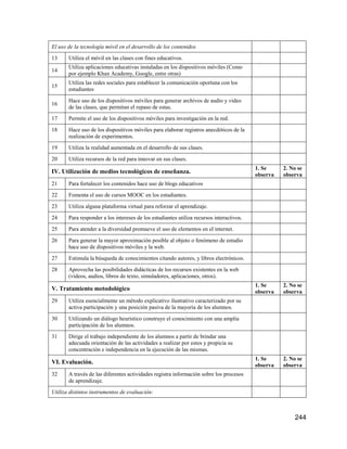244
El uso de la tecnología móvil en el desarrollo de los contenidos
13 Utiliza el móvil en las clases con fines educativos.
14
Utiliza aplicaciones educativas instaladas en los dispositivos móviles (Como
por ejemplo Khan Academy, Google, entre otras)
15
Utiliza las redes sociales para establecer la comunicación oportuna con los
estudiantes
16
Hace uso de los dispositivos móviles para generar archivos de audio y video
de las clases, que permitan el repaso de estas.
17 Permite el uso de los dispositivos móviles para investigación en la red.
18 Hace uso de los dispositivos móviles para elaborar registros anecdóticos de la
realización de experimentos.
19 Utiliza la realidad aumentada en el desarrollo de sus clases.
20 Utiliza recursos de la red para innovar en sus clases.
IV. Utilización de medios tecnológicos de enseñanza.
1. Se
observa
2. No se
observa
21 Para fortalecer los contenidos hace uso de blogs educativos
22 Fomenta el uso de cursos MOOC en los estudiantes.
23 Utiliza alguna plataforma virtual para reforzar el aprendizaje.
24 Para responder a los intereses de los estudiantes utiliza recursos interactivos.
25 Para atender a la diversidad promueve el uso de elementos en el internet.
26 Para generar la mayor aproximación posible al objeto o fenómeno de estudio
hace uso de dispositivos móviles y la web.
27 Estimula la búsqueda de conocimientos citando autores, y libros electrónicos.
28 Aprovecha las posibilidades didácticas de los recursos existentes en la web
(videos, audios, libros de texto, simuladores, aplicaciones, otros).
V. Tratamiento metodológico
1. Se
observa
2. No se
observa
29 Utiliza esencialmente un método explicativo ilustrativo caracterizado por su
activa participación y una posición pasiva de la mayoría de los alumnos.
30 Utilizando un diálogo heurístico construye el conocimiento con una amplia
participación de los alumnos.
31 Dirige el trabajo independiente de los alumnos a partir de brindar una
adecuada orientación de las actividades a realizar por estos y propicia su
concentración e independencia en la ejecución de las mismas.
VI. Evaluación.
1. Se
observa
2. No se
observa
32 A través de las diferentes actividades registra información sobre los procesos
de aprendizaje.
Utiliza distintos instrumentos de evaluación:
 