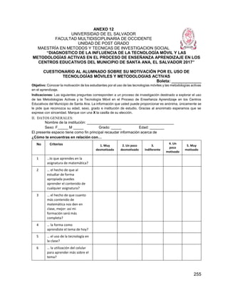 255
ANEXO 12
UNIVERSIDAD DE EL SALVADOR
FACULTAD MULTIDISCIPLINARIA DE OCCIDENTE
UNIDAD DE POST GRADO
MAESTRÍA EN METODOS Y TECNICAS DE INVESTIGACION SOCIAL
“DIAGNOSTICO DE LA INFLUENCIA DE LA TECNOLOGÍA MÓVIL Y LAS
METODOLOGÍAS ACTIVAS EN EL PROCESO DE ENSEÑANZA APRENDIZAJE EN LOS
CENTROS EDUCATIVOS DEL MUNICIPIO DE SANTA ANA, EL SALVADOR 2017”
CUESTIONARIO AL ALUMNADO SOBRE SU MOTIVACIÓN POR EL USO DE
TECNOLOGÍAS MÓVILES Y METODOLOGIAS ACTIVAS
Boleta: _____________
Objetivo: Conocer la motivación de los estudiantes por el uso de las tecnologías móviles y las metodologías activas
en el aprendizaje.
Indicaciones: Las siguientes preguntas corresponden a un proceso de investigación destinado a explorar el uso
de las Metodologías Activas y la Tecnología Móvil en el Proceso de Enseñanza Aprendizaje en los Centros
Educativos del Municipio de Santa Ana. La información que usted puede proporcionar es anónima, únicamente se
le pide que reconozca su edad, sexo, grado e institución de estudio. Gracias al anonimato esperamos que se
exprese con sinceridad. Marque con una X la casilla de su elección.
II. DATOS GENERALES:
Nombre de la institución: __________________________________________
Sexo: F_____ M _____ Grado: _____ Edad: _______
El presente espacio tiene como fin principal recaudar información acerca de
¿Cómo te encuentras en relación con…
No Criterios 1. Muy
desmotivado
2. Un poco
desmotivado
3.
Indiferente
4. Un
poco
motivado
5. Muy
motivado
1 …lo que aprendes en la
asignatura de matemática?
2 … el hecho de que al
estudiar de forma
apropiada puedes
aprender el contenido de
cualquier asignatura?
3 … el hecho de que cuanto
más contenido de
matemática nos den en
clase, mejor: así mi
formación será más
completa?
4 … la forma como
aprendiste el tema de hoy?
5 … el uso de la tecnología en
la clase?
6 … la utilización del celular
para aprender más sobre el
tema?
 