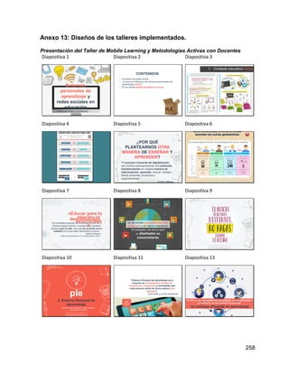 258
Anexo 13: Diseños de los talleres implementados.
Presentación del Taller de Mobile Learning y Metodologías Activas con Docentes
Diapositiva 1
Entornos
personales de
aprendizaje y
redes sociales en
educación
Editado por Jessica Liset Martínez
Diapositiva 2
https://eaprendizaje.files.wordpress.com/2012/01/box_ple.png
• Contexto educativo actual
• ¿A que nos referimos con entornos personales de
aprendizaje o PLE?
• El uso de las Redes Sociales en el aula.
CONTENIDOS
Diapositiva 3
1. Contexto educativo actual
Diapositiva 4 Diapositiva 5
¿POR QUÉ
PLANTEARNOS OTRA
MANERA DE ENSEÑAR Y
APRENDER?
"El proceso creciente de digitalización
que vivimos está generando una profunda
transformación en nuestra manera de
relacionarnos, aprender, educar, trabajar,
liderar personas, proyectos y
organizaciones“
Carlos Magro
Diapositiva 6
Como ha cambiado la forma en la cual
aprenden las nuevas generaciones
Diapositiva 7
«Educar para lo
desconocido»
«El invariable propósito de la educación era, es, y
siempre seguirá siendo, la preparación de estos
jóvenes para la vida. Una vida de acuerdo con la
realidad en la que están destinados a entrar»
Zygmunt Bauman,
Sobre la educación en un mundo líquido, 2013
PRINCIPIO DE
INCERTIDUMBR
E
Diapositiva 8
Se demandan competencias más
complejas y de rápida adaptación
El trabajador del futuro será
un diseñador del
conocimiento
Diapositiva 9
Diapositiva 10
ple
2. Entorno Personal de
Aprendizaje
[acrónimo de la expresión original Personal
Learning Environment]
Diapositiva 11
“Entorno Personal de Aprendizaje es el
conjunto de herramientas, fuentes de
información, conexiones y actividades que
cada persona utiliza de forma asidua para
aprender”
Jordi Adell y Linda Castañeda
Todos
tenemos
un PLE
Diapositiva 13
Un PLE no es una plataforma tecnológica, ni una aplicación o
un software, es una manera de aprender.
Un enfoque diferente de aprendizaje
 