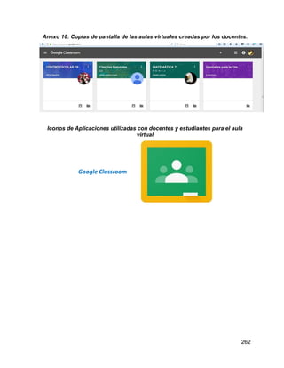 262
Anexo 16: Copias de pantalla de las aulas virtuales creadas por los docentes.
Iconos de Aplicaciones utilizadas con docentes y estudiantes para el aula
virtual
Google Classroom
 