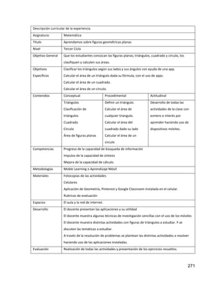 271
Descripción curricular de la experiencia
Asignatura: Matemática
Título Aprendamos sobre figuras geométricas planas
Nivel Tercer Ciclo
Objetivo General Que los estudiantes conozcan las figuras planas; triángulos, cuadrado y circulo, los
clasifiquen y calculen sus áreas.
Objetivos
Específicos
Clasificar los triángulos según sus lados y sus ángulos con ayuda de una app.
Calcular el área de un triángulo dada su fórmula, con el uso de apps.
Calcular el área de un cuadrado.
Calcular el área de un círculo.
Contenidos Conceptual Procedimental Actitudinal
Triángulos
Clasificación de
triángulos
Cuadrado
Circulo
Área de figuras planas
Definir un triángulo.
Calcular el área de
cualquier triangulo.
Calcular el área del
cuadrado dado su lado
Calcular el área de un
circulo
Desarrollo de todas las
actividades de la clase con
esmero e interés por
aprender haciendo uso de
dispositivos móviles.
Competencias Progreso de la capacidad de búsqueda de información
Impulso de la capacidad de síntesis
Mejora de la capacidad de cálculo.
Metodologías Moble Learning o Aprendizaje Móvil
Materiales Fotocopias de las actividades
Celulares
Aplicación de Geometría, Pinterest y Google Classroom instalada en el celular.
Rubricas de evaluación
Espacios El aula y la red de internet.
Desarrollo El docente presentan las aplicaciones y su utilidad
El docente muestra algunas técnicas de investigación sencillas con el uso de los móviles
El docente muestra distintas actividades con figuras de triángulos a estudiar. Y se
discuten las temáticas a estudiar.
A través de la resolución de problemas se plantean las distintas actividades a resolver
haciendo uso de las aplicaciones instaladas.
Evaluación Realización de todas las actividades y presentación de los ejercicios resueltos.
 