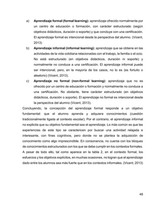 48
a) Aprendizaje formal (formal learning): aprendizaje ofrecido normalmente por
un centro de educación o formación, con carácter estructurado (según
objetivos didácticos, duración o soporte) y que concluye con una certificación.
El aprendizaje formal es intencional desde la perspectiva del alumno. (Vicent,
2013)
b) Aprendizaje informal (informal learning): aprendizaje que se obtiene en las
actividades de la vida cotidiana relacionadas con el trabajo, la familia o el ocio.
No está estructurado (en objetivos didácticos, duración ni soporte) y
normalmente no conduce a una certificación. El aprendizaje informal puede
ser intencional, pero, en la mayoría de los casos, no lo es (es fortuito o
aleatorio) (Vicent, 2013).
c) Aprendizaje no formal (non-formal learning): aprendizaje que no es
ofrecido por un centro de educación o formación y normalmente no conduce a
una certificación. No obstante, tiene carácter estructurado (en objetivos
didácticos, duración o soporte). El aprendizaje no formal es intencional desde
la perspectiva del alumno (Vicent, 2013).
Concluyendo, la concepción del aprendizaje formal responde a un objetivo
fundamental: que el alumno aprenda y adquiera conocimientos (cuestión
tradicionalmente ligada al contexto escolar). Por el contrario, el aprendizaje informal
no explicita que su objetivo fundamental sea el aprendizaje. Lo más común es que las
experiencias de este tipo se caractericen por buscar una actividad relajada e
interesante, con fines cognitivos, pero donde no se plantea la adquisición de
conocimiento como algo imprescindible. En consonancia, no cuenta con los bloques
de conocimientos estructurados con los que se debe cumplir en los contextos formales.
A pesar de todo ello, tal como aparece en la tabla 2, en el contexto formal, los
esfuerzos y los objetivos explícitos, en muchas ocasiones, no logran que el aprendizaje
dado entre los alumnos sea más fuerte que en los contextos informales. (Vicent, 2013)
 