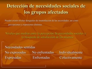 Detección de necesidades sociales de los grupos afectados Pueden existir niveles desiguales de insatisfacción de las necesidades, así como percepciones y expresiones distintas.   Niveles que median entre la percepción de necesidades sociales y la búsqueda de satisfacción de las mismas Necesidades sentidas  No expresadas  No enfrentadas  Individualmente Expresadas  Enfrentadas  Colectivamente 