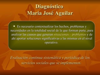 Diagnóstico  Maria José Aguilar Es necesario contextualizar los hechos, problemas y necesidades en la totalidad social de la que forman parte, para analizar las causas que generan  situaciones – problemas  y de ahí aportar soluciones significativas a las mismas en el nivel operativo.  Evaluación continua sistemática y periódica de los servicios sociales que se implementen.   