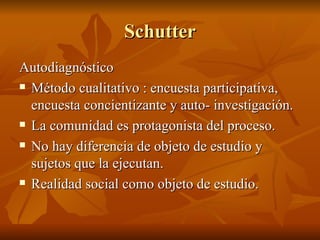 Schutter Autodiagnóstico Método cualitativo : encuesta participativa, encuesta concientizante y auto- investigación.  La comunidad es protagonista del proceso. No hay diferencia de objeto de estudio y sujetos que la ejecutan.  Realidad social como objeto de estudio.  