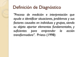 Definición de Diagnóstico
"Proceso de medición e interpretación que
ayuda a identificar situaciones, problemas y sus
factores causales en individuos y grupos, siendo
su objeto aportar elementos fundamentales, y
suficientes para emprender la acción
transformadora”. Prieto (1998)
 