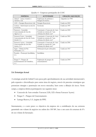 GABRIEL COUTO DIAGNÓSTICO E PLANO ESTRATÉGICO                      14

                               Quadro 4 – Empresas participadas da GASC
              EMPRESA                             ACTIVIDADE                  CRIAÇÃO/AQUISIÇÃO
   Abrical – Areias, Granitos e          Exploração de pedreiras e          Adquirida em 1998
   Calcários, Lda                        britagem de inertes.
   AGE – Energias Renováveis, Lda        Energias Renováveis                Criada em 2002
   Comasa – Intervenção na área da       Geotecnia                          Criada em 1987
   Geotecnia
   Euroscut – Sociedade                  Construção e Concessão de Auto-    Criada em 2000
   Concessionária da Scut do             Estradas no sistema de “sem
   Algarve, S.A.                         cobrança do cliente-scut”
   Euroscut Norte – Sociedade            Construção e Concessão de Auto-    Criada em 2001
   Concessionária da Scut do Norte       Estradas no sistema de “sem
   Litoral, S.A.                         cobrança do cliente-scut”
   Euroscut Açores – Sociedade           Construção e Concessão de Auto-    Criada em 2006
   Concessionária da Scut dos            Estradas no sistema de “sem
   Açores, S.A.                          cobrança do cliente-scut”
   Fapre – Fábrica de Pré-               Fabricação de pré-esforçados       Criada em 1967
   Esforçados, S.A.
   Pontalta – Promoção Imobiliária,      Imobiliária
   S.A.

   Parque F – Parques de                 Exploração de parques de           Criada em 2000
   Estacionamento de Famalicão,          estacionamento
   S.A.




2.6. Estratégia Actual


A estratégia actual da Gabriel Couto passa pelo aprofundamento da sua actividade internacional e
pela expansão e diversificação para outras áreas de negócio, através de parcerias estratégicas que
potenciem sinergias e penetração em novos mercados, bem como a diluição de riscos. Neste
campo, a empresa detém já participações nas seguintes áreas:
   • Concessão de Auto-estradas: Euroscut (A28, A22 e futura Euroscut Açores)
   • Parque F – Parques de Estacionamento
   • Lamego Renova, S.A. (regime de PPP)


Internamente, e a curto prazo os objectivos da empresa são a estabilização da sua estrutura
garantindo um volume de negócios na ordem dos 100 M€ /ano e um custo de estrutura de 6%
do seu volume de facturação.




                                          DCAMPOS ▪ JNUNES ▪ MBABO ▪ 2009
 
