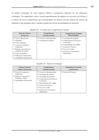 GABRIEL COUTO DIAGNÓSTICO E PLANO ESTRATÉGICO                          42

O intento estratégico de uma empresa reflecte a perspectiva dinâmica da sua adequação
estratégica. Tão importante como o actual enquadramento da empresa no seu meio envolvente, é
a criação de novas competências que correspondam aos futuros factores críticos de sucesso da
indústria e que permitam tirar o máximo partido das novas oportunidades do mercado.


                          Quadro 24 – Evolução das Competências Centrais
         Factores Críticos                    Competências                   Competências Centrais
           de Sucesso                        Centrais Iniciais                  Desenvolvidas
    Custos Operacionais                 Gestão de subempreitadas          Tecnologia de produção
    Qualidade                           Tecnologia de materias            Conhecimento do Processo
    Gestão Logística                                                      Construtivo
    Custos de Aquisição e                                                 Especialização das equipas
    Exploração                                                            Gestão de Projectos
    Relação comercial com                                                 Força de Vendas
    entidades de crédito                                                  Gestão da Conservação e
    Gama de produtos                                                      Manutenção
    Política de Comunicação
    Flexibilidade Operacional


                                    Quadro 25 – Intento Estratégico
         Futuros Factores                     Competências                   Competências Centrais
        Críticos de Sucesso                  Centrais Actuais                   a desenvolver
    Custos de Aquisição e               Gestão de subempreitadas          Gestão de Projectos
    Exploração                          Tecnologia de matérias
    Relações Comerciais c/              Tecnologia de produção
    Entidades Crédito                   Conhecimento do Processo
    Flexibilidade Operacional           Construtivo
                                        Especialização das equipas
                                        Gestão de Projectos
                                        Força de Vendas
                                        Gestão da Conservação e
                                        Manutenção




                                        DCAMPOS ▪ JNUNES ▪ MBABO ▪ 2009
 