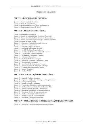 GABRIEL COUTO DIAGNÓSTICO E PLANO ESTRATÉGICO




                                    ÍNDICE DE QUADROS


PARTE I – DESCRIÇÃO DA EMPRESA
Quadro 1 – Caracterização da Sociedade
Quadro 2 – Mapa de Equipamentos
Quadro 3 – Responsabilidades dos Órgãos da Organização
Quadro 4 – Empresas participadas da GASC

PARTE II – ANÁLISE ESTRATÉGICA
Quadro 5 – Indicadores Económicos
Quadro 6 – Síntese da Análise do Meio Envolvente Contextual
Quadro 7 – Síntese da Análise do Meio Envolvente Transaccional
Quadro 8 – Síntese dos clientes segmentados por actividade e produto
Quadro 9 – Síntese de Fornecedores
Quadro 10 – Síntese dos Agentes e Grupos de Interesse
Quadro 11 – Síntese dos concorrentes
Quadro 12 – Mapas de Grupos Estratégicos
Quadro 13 – Síntese da Atractividade Sectorial
Quadro 14 – Modelo das Cinco Forças de Porter
Quadro 15 – Identificação dos Factores Críticos de Sucesso
Quadro 16 – Descrição dos Recursos Humanos
Quadro 17 – Avaliação de Performance Conjunta
Quadro 18 – Indicadores Financeiros
Quadro 19 – Avaliação do Activos Intangíveis
Quadro 20 – Síntese das Medidas de Dinâmica de Custos
Quadro 21 – Benchmarking Estratégico
Quadro 22 – Identificação da Competências Centrais
Quadro 23 – Síntese da Análise de Adequação Estratégica
Quadro 24 – Evolução das Competências Centrais
Quadro 25 – Intento Estratégico
Quadro 26 – Análise SWOT

PARTE III – FORMULAÇÃO DA ESTRATÉGIA
Quadro 27 – Matriz de Produtos-Mercados
Quadro 28 – Segmentos de Mercados Estratégicos e Complementares
Quadro 29 – Vantagens Competitivas
Quadro 30 – Análise da Cadeia Operacional
Quadro 31 – Factores impulsionadores da internacionalização
Quadro 32 – Grelha de Comparação da Atractividade dos Países
Quadro 33 – Síntese do estudo profundo a desenvolver
Quadro 34 – Síntese das Modalidades de Internacionalização
Quadro 35 – Síntese das Opções de Internacionalização
Quadro 36 – Análise da Estratégia de Diversificação
Quadro 37 – Análise das Vias de Desenvolvimento
Quadro 38 – Síntese das Orientações Estratégicas

PARTE IV – ORGANIZAÇÃO E IMPLEMENTAÇÃO DA ESTRATÉGIA
Quadro 39 – Síntese das Orientações Organizacionais e de Gestão




                                    DCAMPOS ▪ JNUNES ▪ MBABO ▪ 2009
 