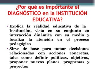 ¿Por qué es importante el
DIAGNÓSTICO en la INSTITUCIÓN
         EDUCATIVA?
• Explica la realidad educativa de la
  Institución, vista en su conjunto en
  interacción dinámica con su medio y
  focaliza la atención en el proceso
  pedagógico
• Sirve de base para tomar decisiones
  relacionadas con acciones concretas,
  tales como definir políticas, objetivos,
  proponer nuevos planes, programas y
  proyectos
 