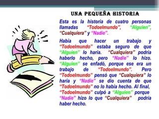 UNA PEQUEÑA HISTORIA
Esta es la historia de cuatro personas
llamadas     “Todoelmundo”,    “Alguien”,
“Cualquiera” y “Nadie”.
Había que hacer un trabajo y
“Todoelmundo” estaba seguro de que
“Alguien” lo haría. “Cualquiera” podría
haberlo hecho, pero “Nadie” lo hizo.
“Alguien” se enfadó, porque ese era un
trabajo    de     “Todoelmundo”.     Pero
“Todoelmundo” pensó que “Cualquiera” lo
haría y “Nadie” se dio cuenta de que
“Todoelmundo” no lo había hecho. Al final,
“Todoelmundo” culpó a “Alguien” porque
“Nadie” hizo lo que “Cualquiera” podría
haber hecho.
 